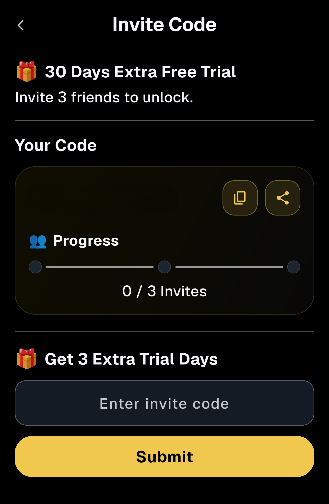 RAPT Invite Code and Referral screen in Settings